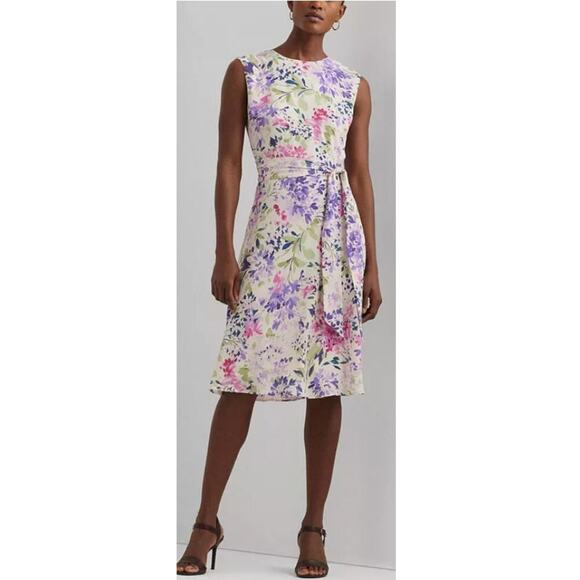 Lauren Ralph Lauren Women's White Floral Belted Bubble Crepe Dress Size 10 - Picture 1 of 9